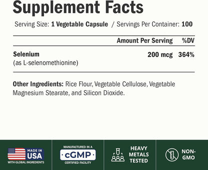 Selenium 200 mcg Capsules – High-Potency Selenium Supplement for Thyroid, Antioxidant & Immune Support – Highly Bioavailable L-Selenomethionine Essential Mineral Supplements – Vegan, 100 Capsules