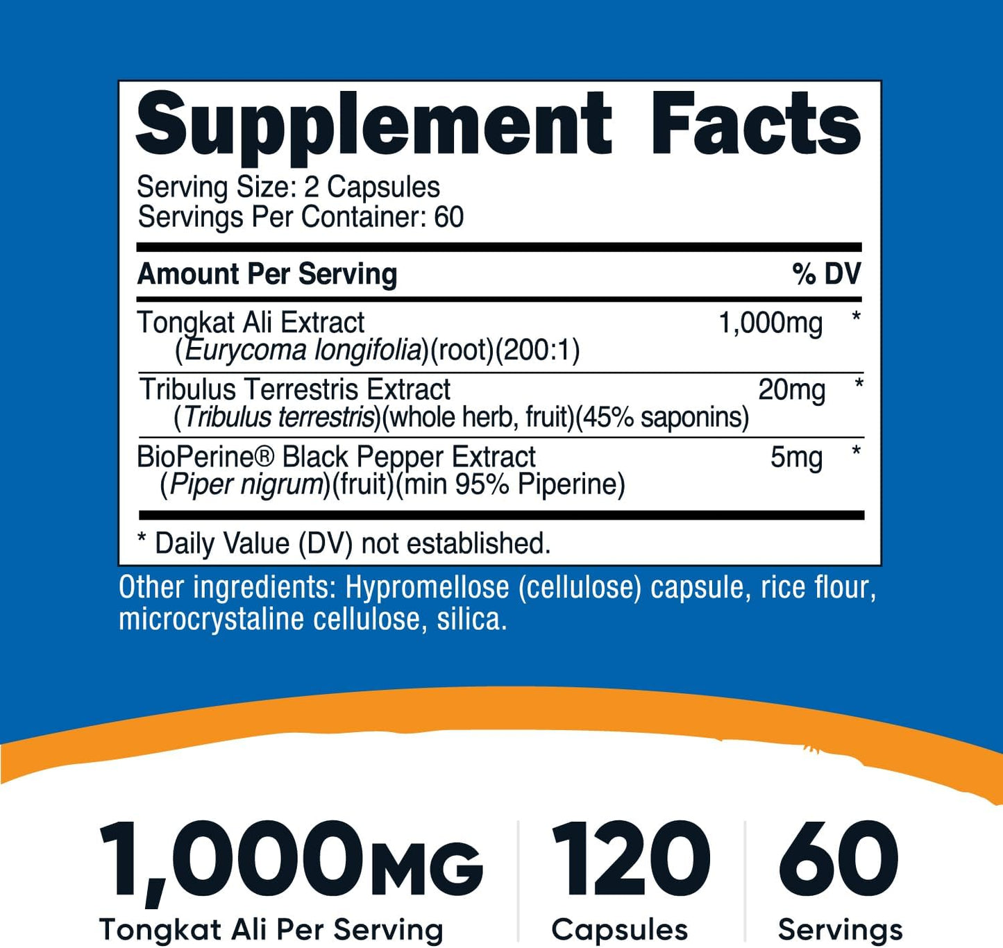 Nutricost Tongkat Ali 1,000mg 120 Capsules, Gluten Free, GMO-Free | With Tribulus Terrestris and BioPerine, Vegetarian Caps, Potent Extract
