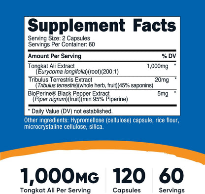 Nutricost Tongkat Ali 1,000mg 120 Capsules, Gluten Free, GMO-Free | With Tribulus Terrestris and BioPerine, Vegetarian Caps, Potent Extract