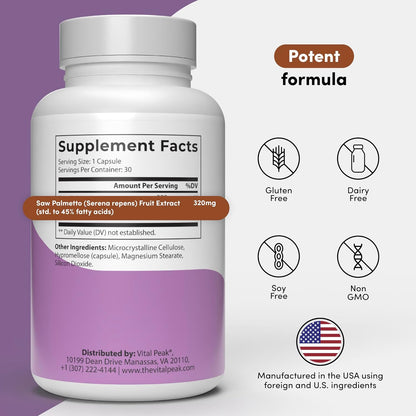 Saw Palmetto for Man & Women - Saw Palmetto Extract 320mg - Prostate Health Supplements for Men & Saw Palmetto for Women Hair Loss - Natural DHT Blocker, Vegan, Non-GMO - 30 Capsules
