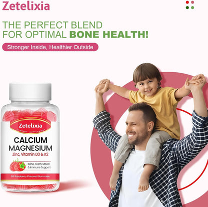 Calcium Magnesium Zinc Gummies with Vitamin D3 & K2, Calcium Gummies for Muscles, Women & Men, Raspberry Flavor - 60 Count