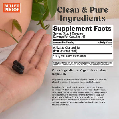 Bulletproof Coconut Charcoal Detox and Gas Relief Capsules, 90 Count, Sourced from 100% Coconut Shells, Activated Charcoal for Bloating Support