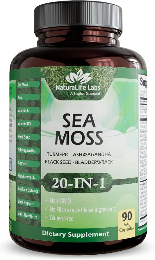 Sea Moss, Black Seed Oil, Bladderwrack, Turmeric, Ashwagandha, Burdock, Vitamin C, D3, Yellow Dock Root, Manuka, Dandelion - 90 Veggie caps