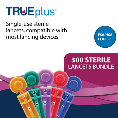 TRUEplus Single-Use Sterile Lancets Bundle, 28G, 300 Pack | Blood Lancets (Sterile, 28G, 4 cm total length) and TRUEplus Log Book, Supplies for Blood Glucose Testing at Home