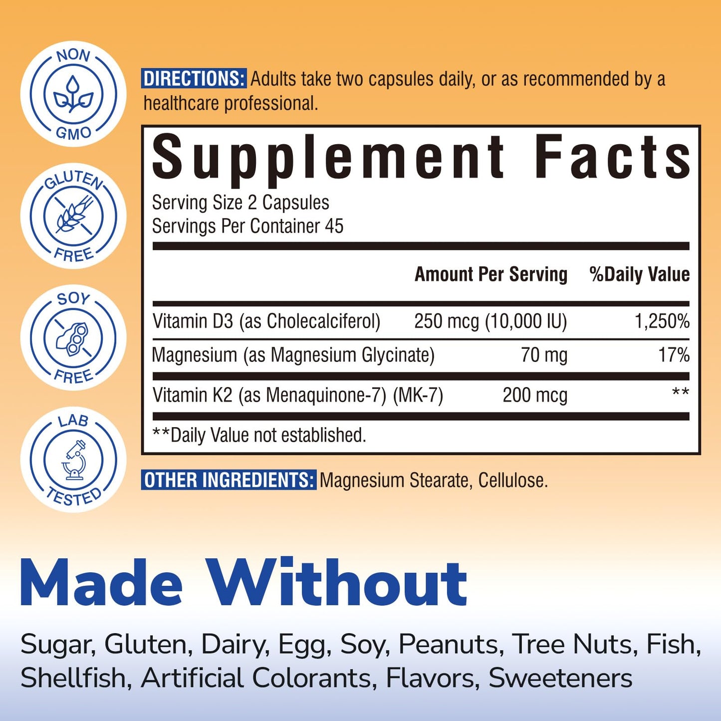 Vitalibre D3 K2 + Magnesium Supplement, 10000 IU Vitamin D3 & 200 mcg K2, with Magnesium Glycinate, Bone, Teeth, Immune & Energy Support, High Absorption, Non-GMO, Easy to Swallow, 60 Capsules