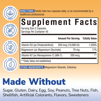 Vitalibre D3 K2 + Magnesium Supplement, 10000 IU Vitamin D3 & 200 mcg K2, with Magnesium Glycinate, Bone, Teeth, Immune & Energy Support, High Absorption, Non-GMO, Easy to Swallow, 60 Capsules