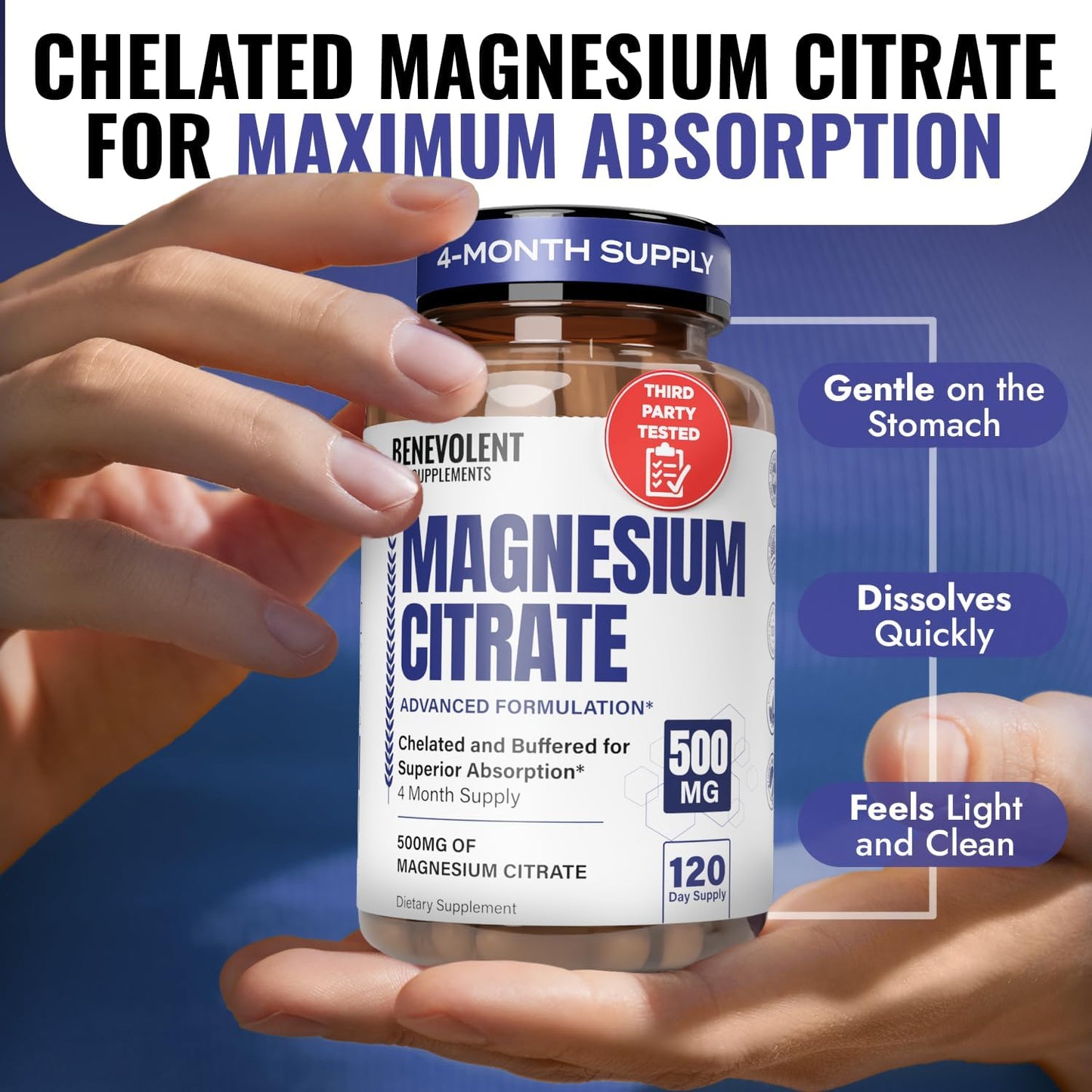 Premium Magnesium Capsules 500mg, High Absorption Formula Chelated Buffered Citrate to Support Digestion, Bone, Sleep & Muscle Health – Magnesium Citrate - 120 Capsules