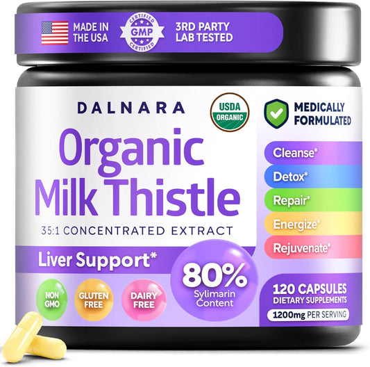 USDA Organic Milk Thistle | 80% Silymarin Flavonoids | 35:1 Extract | 240ct