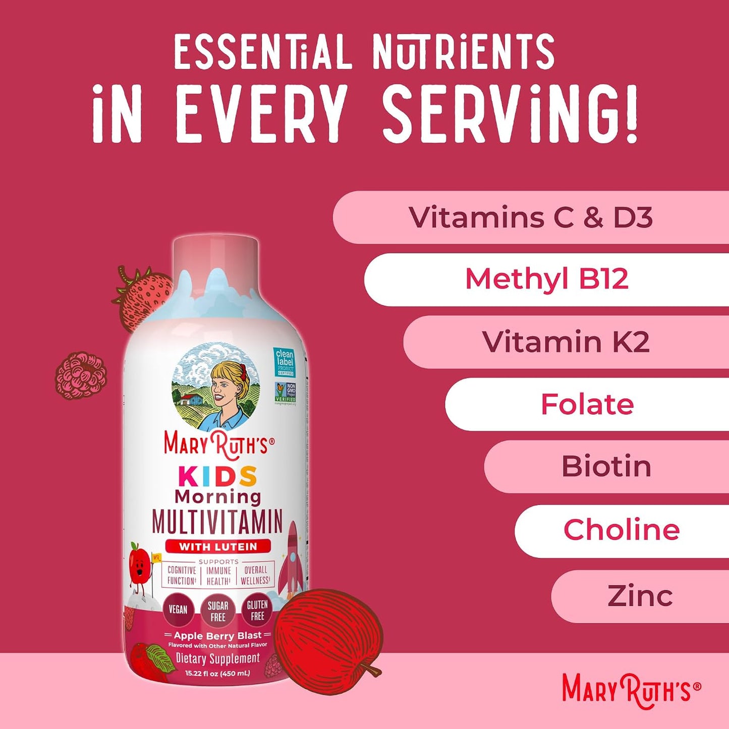 MARYRUTH'S Liquid Morning Multivitamin for Kids | Kids Multivitamin | Immune Support Supplement | Vitamin C | Vitamin D | Essential Nutrients | Vegan | 30-180 Servings | 15.22 fl oz