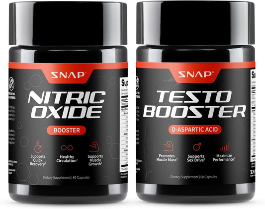 Snap Supplements Nitric Oxide Booster + Testo Booster Bundle for Men, 60 Vegetarian Capsules Each (1 Month Supply)