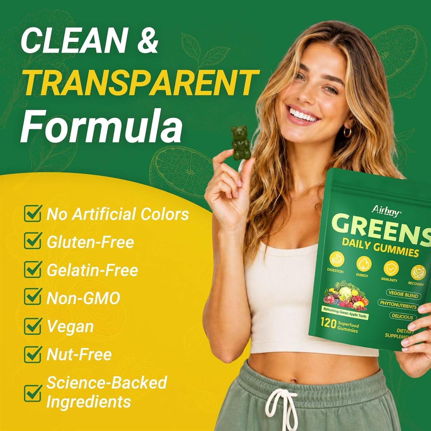 Greens Daily Gummies, Super Greens Multivitamin Gummy for Women and Men, Superfood Gummies with Spirulina, Chlorella, Adaptogens,Fruits, Vegetables, Support Digestion Gut Health - 20 Servings