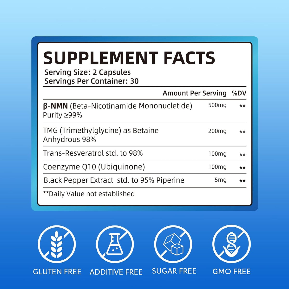 NMN 500mg Capsules, 5-in-1 with Resveratrol, TMG & CoQ10, 60 Count