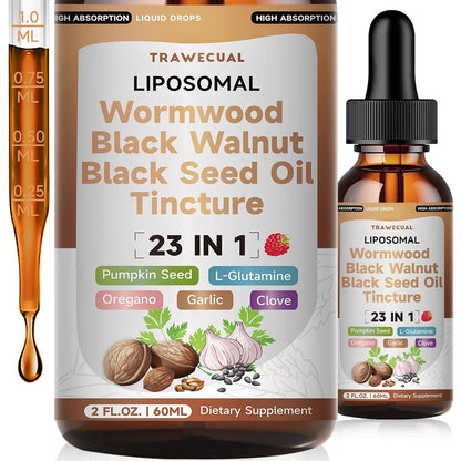 Wormwood Black Walnut Clove Cleanse Drops with Black Seed Oil, Pumpkin Seed, Oregano, Soursop, Neem, Berberine, Garlic, Rapid Gut Detox, Digestive & Gut Barrier Health, 23-in-1 with Liposomal, 2FL