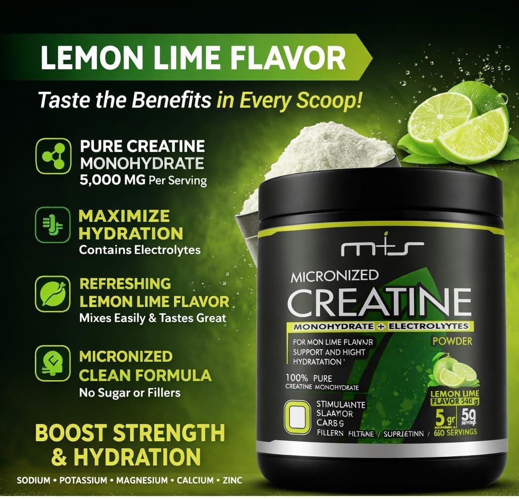 M+S Creatine Electrolytes, Micronized Monohydrate Powder, Lemon Lime