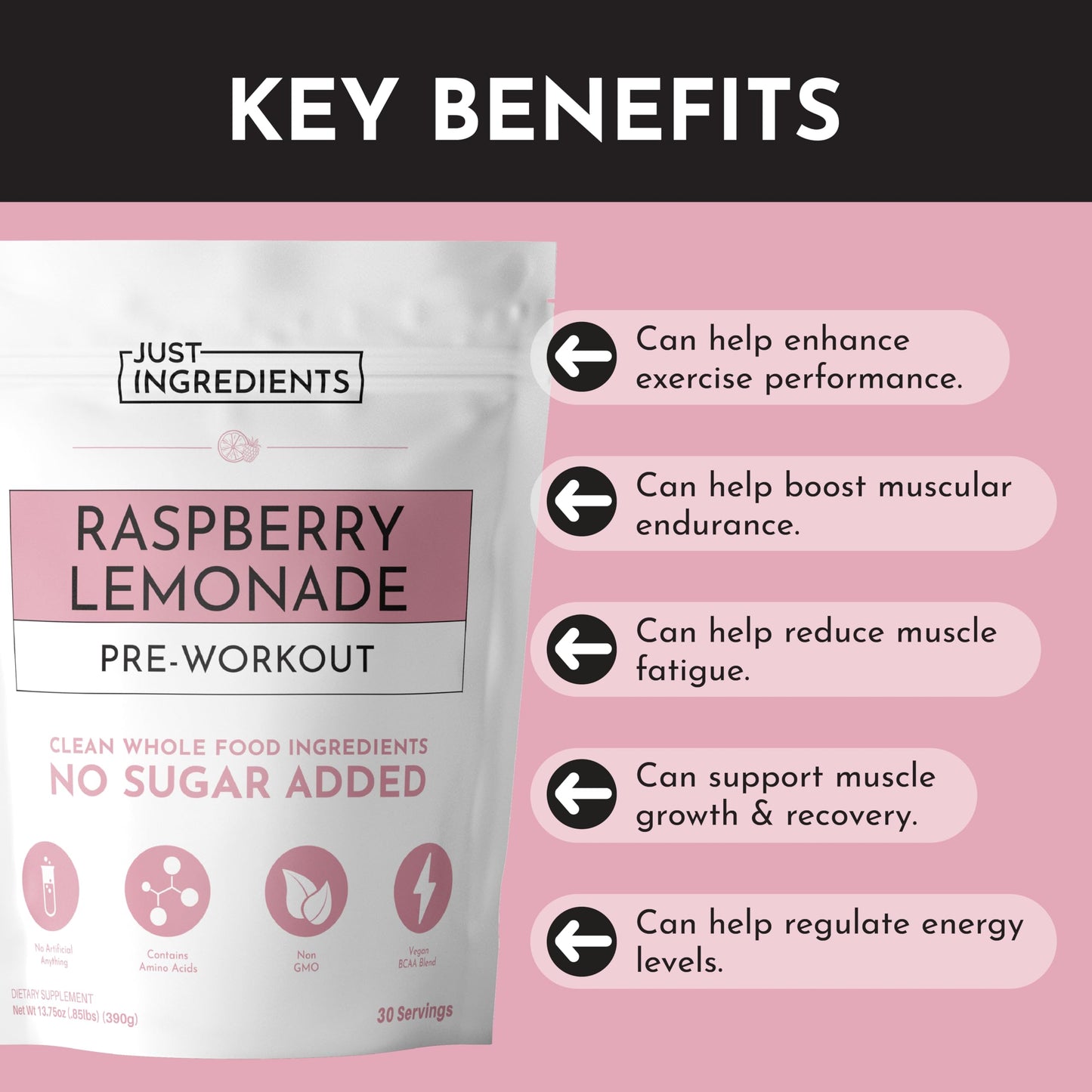 JUST INGREDIENTS Pre-Workout Raspberry Lemonade - Natural, Gluten-Free, No Artificial Sweeteners - 30 Servings, 150mg Caffeine
