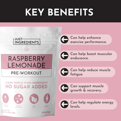 JUST INGREDIENTS Pre-Workout Raspberry Lemonade - Natural, Gluten-Free, No Artificial Sweeteners - 30 Servings, 150mg Caffeine