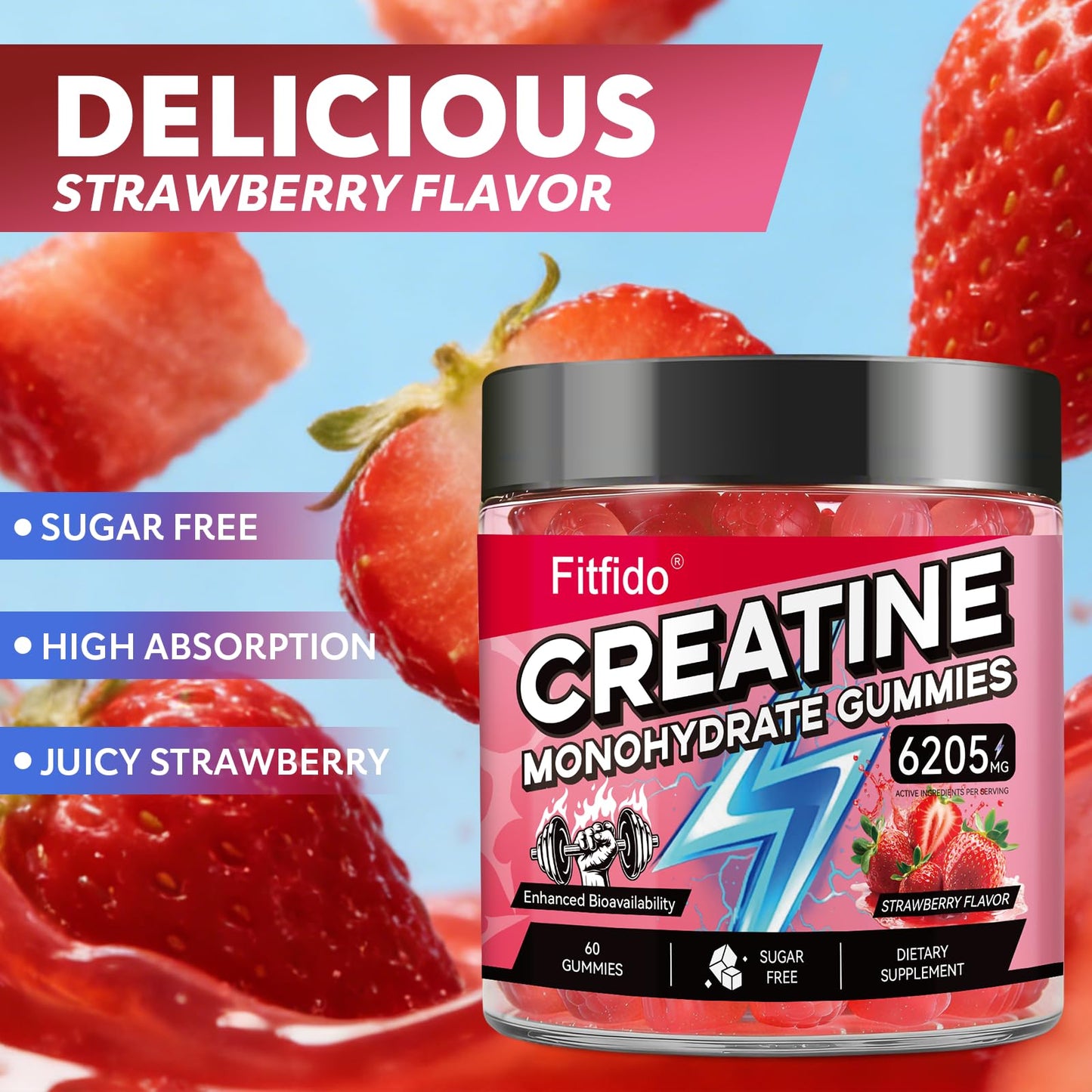 Creatine Monohydrate Gummies with L-Carnitine, 60 Count | Creatine Monohydrate, Gym & Training, Muscle Performance Support, L-Carnitine, Taurine, Sugar Free, Vegan