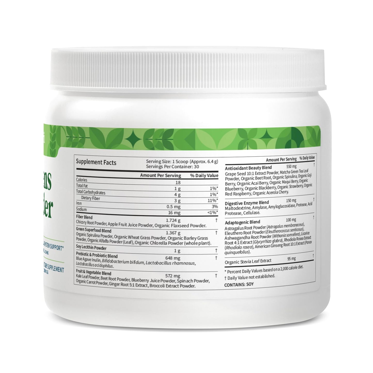 Pattern Wellness Greens Powder Superfood – with Antioxidant, Digestive Enzyme, Fiber, Probiotic & Adaptogen Blends – Digestion, Immunity & Energy Production – 30 Servings – Original Flavor – (6.77 oz)