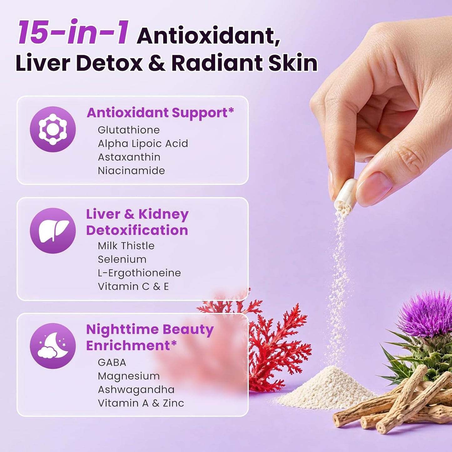 Liposomal Glutathione 1158mg with Astaxanthin for Skin Health 60 Vegan CT | 15-in-1 with Milk Thistle, Alpha Lipoic Acid, Antioxidant Complex for Nighttime Skin Radiance, Cellular Health & Liver Detox