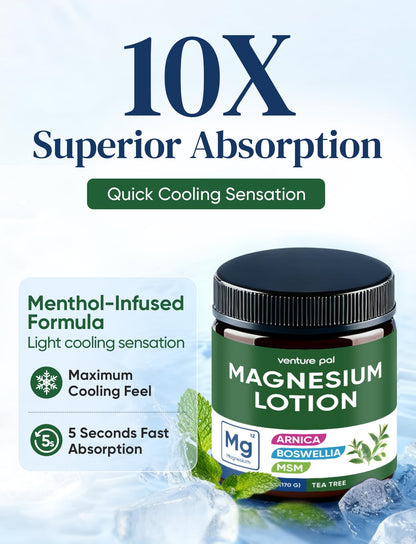 Magnesium Lotion with Arnica, MSM & Boswellia – Safe for Kids – 6 fl oz | Cooling Magnesium Cream – Lightweight Moisturizing Lotion for Legs & Feet