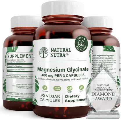 Natural Nutra Magnesium Glycinate 400 mg Supplement, Promotes Cardiovascular Health, Vegan, Helps Improve Bone Health, Soy Free, 90 Capsules