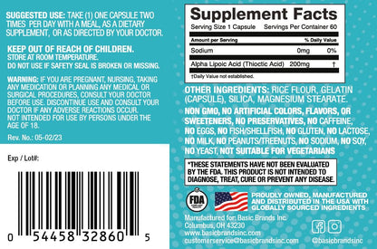 Basic Brands Nerves Alpha Lipoic Acid, 200 mg 1 Pack | Antioxidant, Immune Support, Eye Health Support, Heart Health Support, Nerve Health