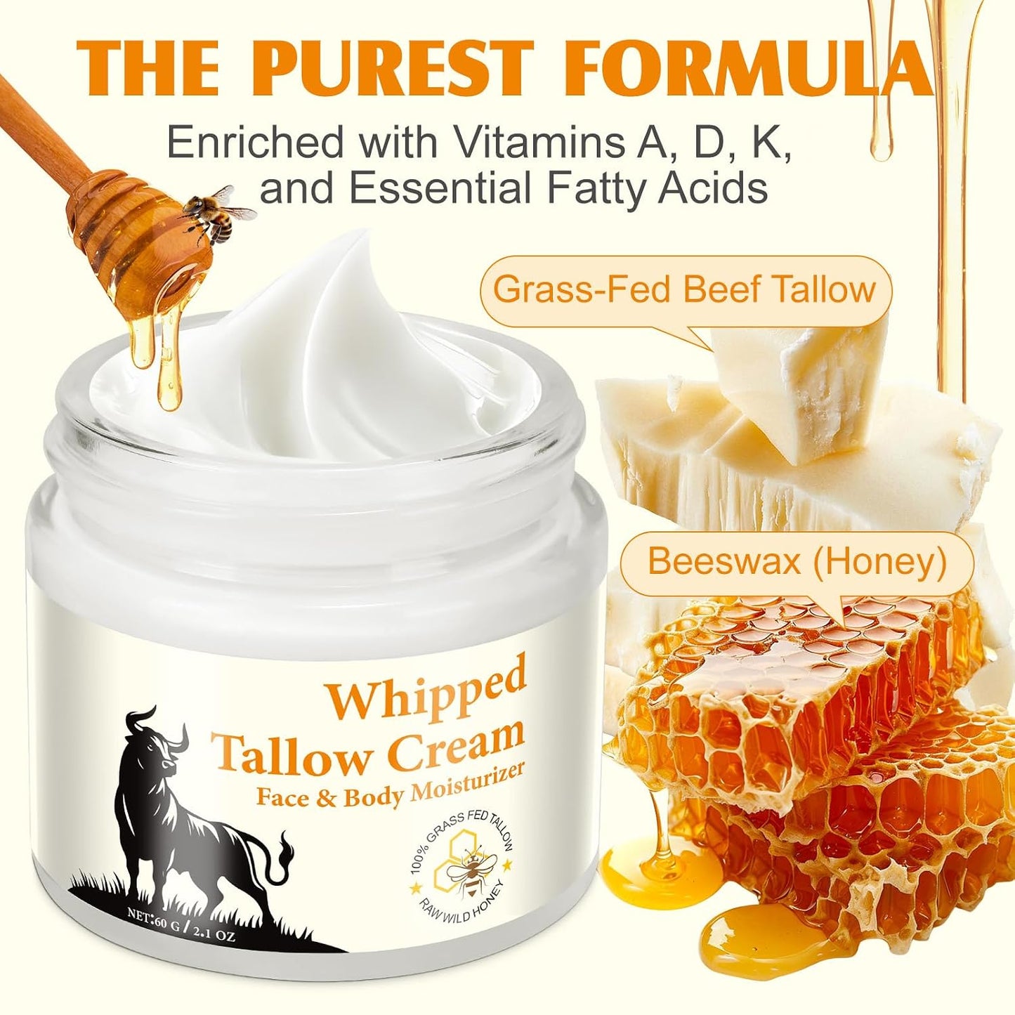 HUYEHF Beef Tallow for Skin, Beef Tallow and Honey Balm for Skin & Face Deeply Nourishing Face Body Moisturizer, for Dry Care & Anti-Aging- 60g