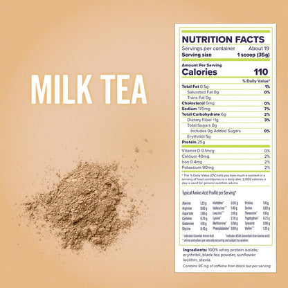 FitBites Boba Tea Protein 100% Whey Protein Powder Isolate (Milk Tea), Natural Energy