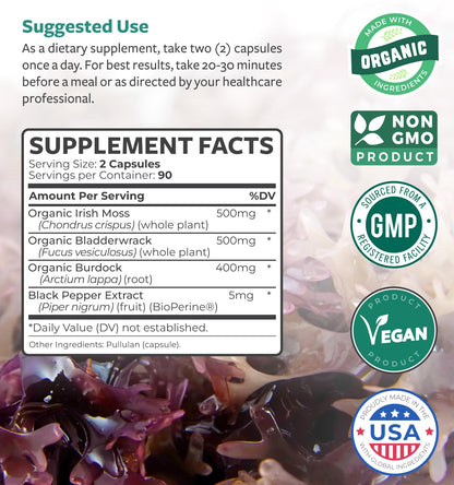 Organic Irish Sea Moss Capsules - Organic Sea Moss Capsules with Bladderwrack Burdock Root and Black Pepper Extract for Enhanced Absorption - Vegan Non-GMO & Made in the USA (1 Month Supply)