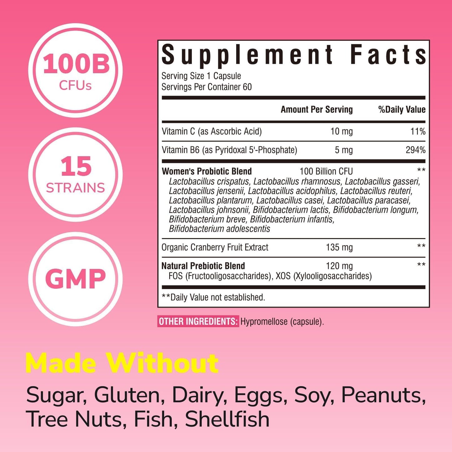 Vitalibre Probiotics for Women 100 Billion CFU 15 Strains, Daily Probiotic | 30 Vegan Capsules, Prebiotic Supplement with Organic Cranberry to Support Vaginal, Digestive, Immune Health, Shelf Stable