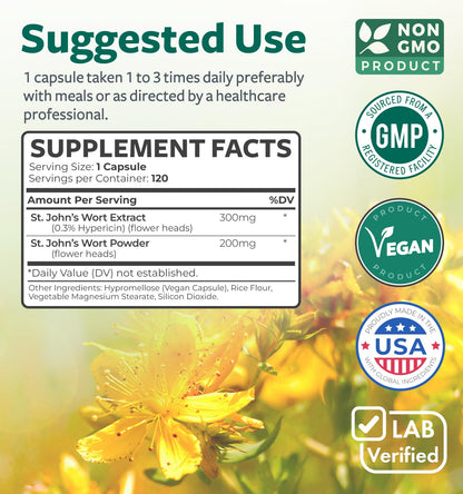 St John's Wort Capsules - Powerful & Potent Saint John's Wort Extract & Whole Herb Complex Standardized to 900mcg Hypericin for Balancing Daily Mood Support - Vegan Non-GMO & Lab Verified (120 Caps)