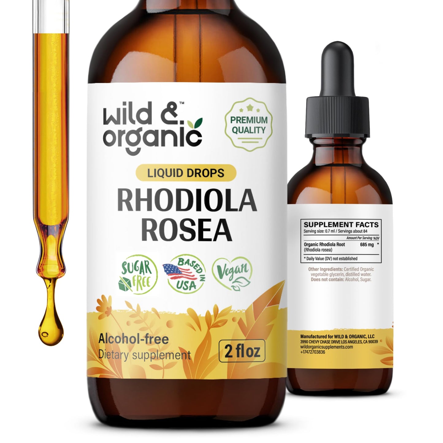 Wild & Organic Rhodiola Rosea Tincture - Rhodiola Rosea Supplement for Mood Support - Relaxing Root Extract Liquid Drops - Vegan, Sugar & Alcohol-Free - 4 fl oz