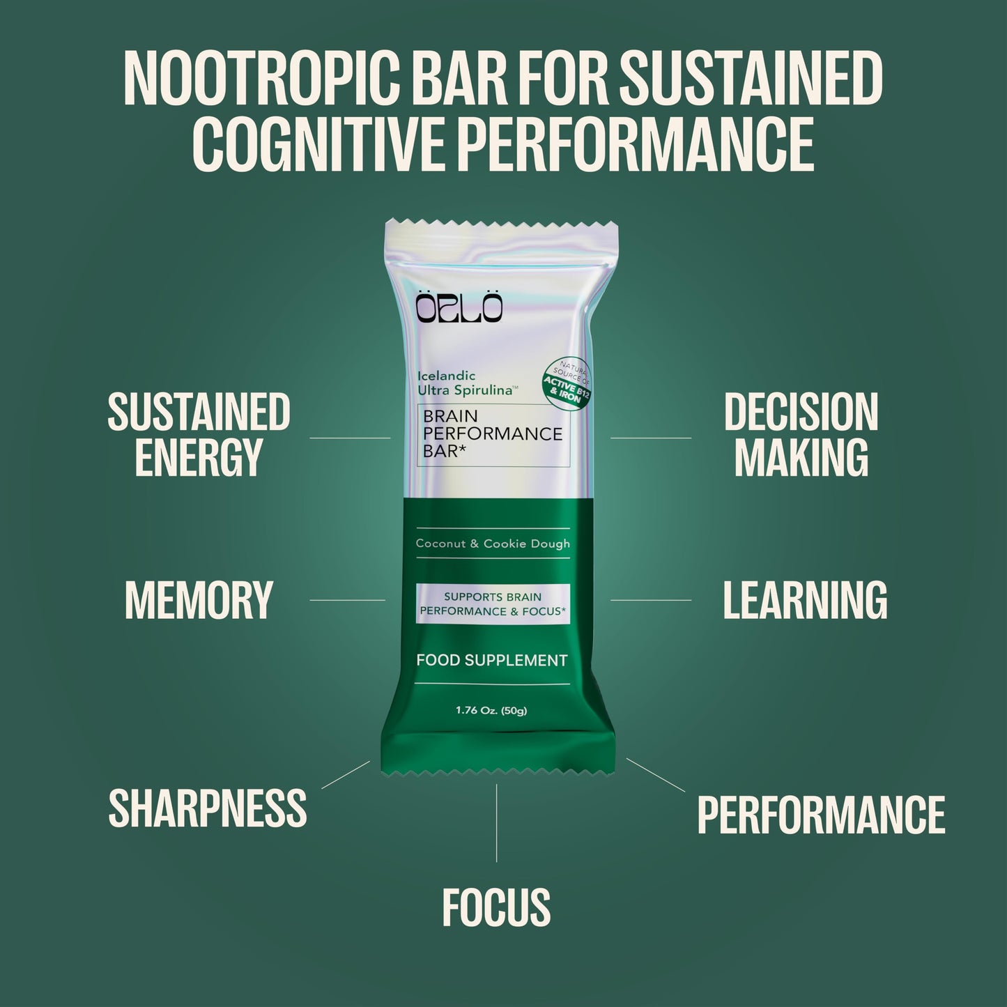 ORLO BRAIN PERFORMANCE BAR – Vegan Protein Bars for Brain & Energy Support – Focus & Memory, Pre & Post Workout Recovery – Gluten Free Snack with L-Theanine, Lions Mane, Spirulina & More (12 Bars)