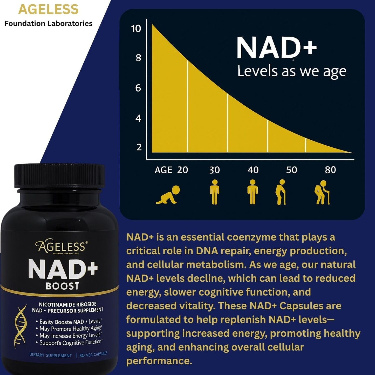 Ageless NAD+ Supplements for Women & Men | Nicotinamide Riboside Chloride | Dietary Supplement for Anti-Aging | Supports Energy, Focus, Stamina, Fat Metabolism & Cognitive Function – 30 Capsules