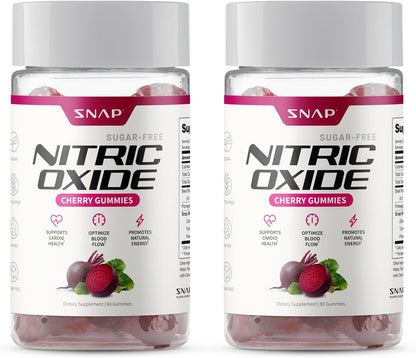 Snap Supplements Nitric Oxide Beet Root Gummies, Cherry, 60 Count (2-Pack) | Sugar Free, For Men & Women, Heart Health & Circulation, Organic Beetroot Extract, Natural Energy, B12, Beets Gummies