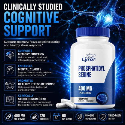 Phosphatidylserine 400 mg – Sunflower Phosphatidylserine Supplement – 120 Capsules (60 Servings) – PS Supplement for Brain, Memory & Cognitive Support – Non-GMO, ISO-Certified