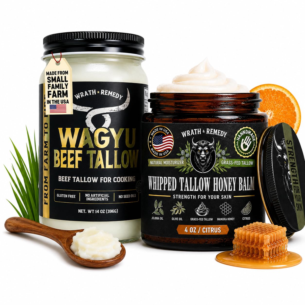 Wagyu Beef Tallow for Cooking (14 oz) & Organic Beef Tallow for Skin - 4 OZ (Citrus)