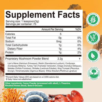 Mushroom Powder Blend (75 Servings), Ten Mushroom Supplement with Lions Mane