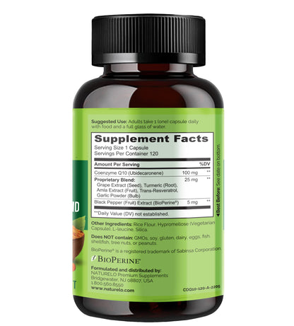 NATURELO Whole Food CoQ10 Supplement, 120 Veg Capsules, Heart Health Blend, Powerful Antioxidant, CoQ10 100mg Supports Energy Production