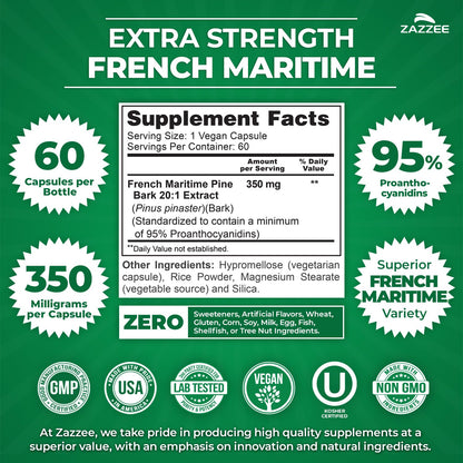 Zazzee Extra Strength French Maritime Pine Bark Extract 20:1, 350 mg Per Capsule, 95% Proanthocyanidins, 180 Vegan Capsules, 6 Month Supply, Certified Kosher, Antioxidant Support, Non-GMO, Made in USA