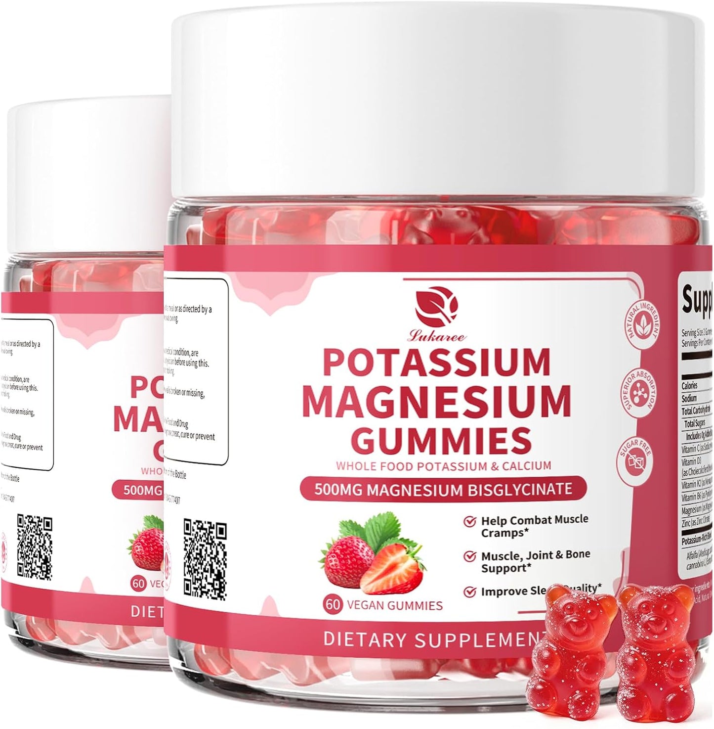 Lukaree Magnesium Potassium Supplement Gummies with Whole Food Calcium | New Formula Calm Magnesium & Plant Potassium Plus Chia Seed, D3, K2 & Calcium for Sleep, Leg Cramps & Muscle -Vegan, 60 Count