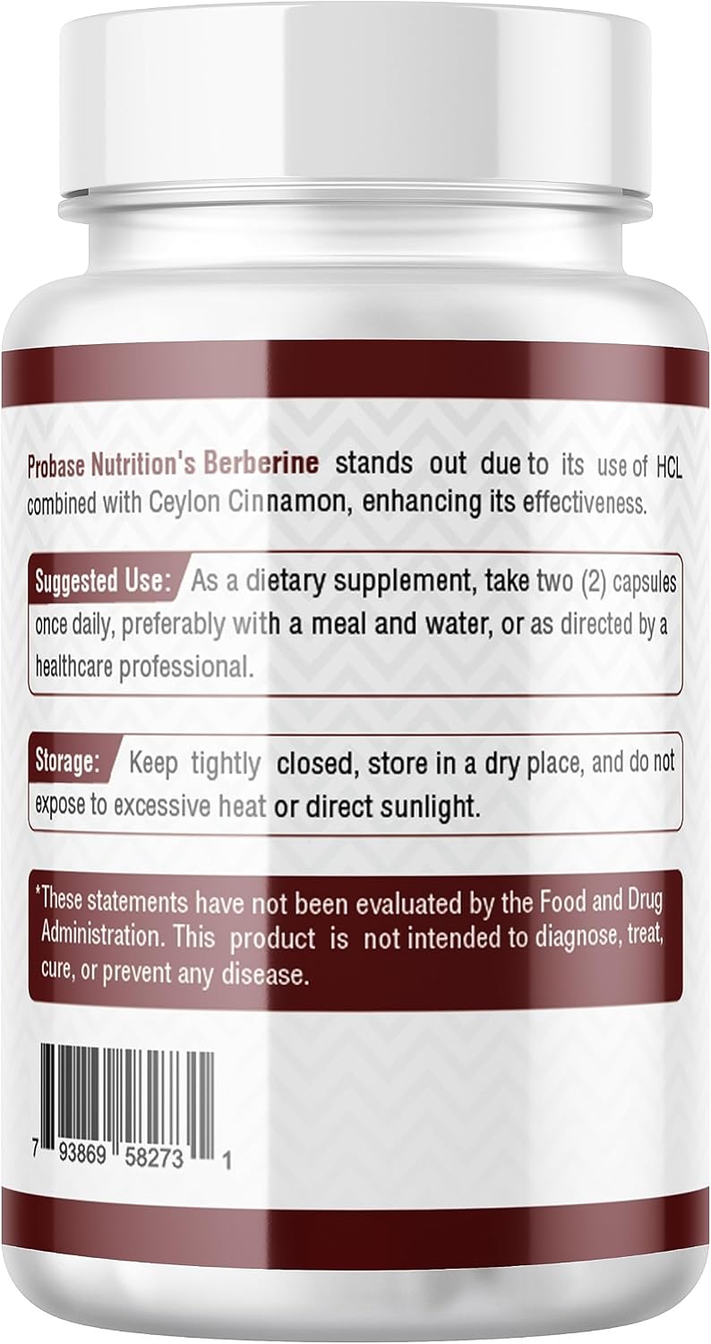 Probase Nutrition Berberine 1200mg with Ceylon Cinnamon Extract - Gluten Free and Vegan - 120 Capsules - Herbal Supplement
