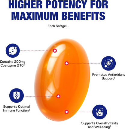 High Absorption CoQ10 200mg Softgels - Clinical Formula Coenzyme Q10 200mg for Skin Heart Energy Antioxidant and Brain Support - Easy to Swallow - Made in The USA in cGMP Facilities - 30 Servings