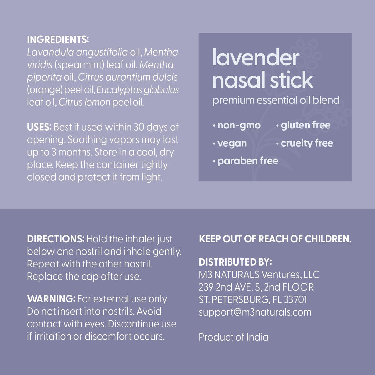 Mint Nasal Stick, Nasal Inhaler, Essential Oil Aromatherapy, 4 Sticks by M3