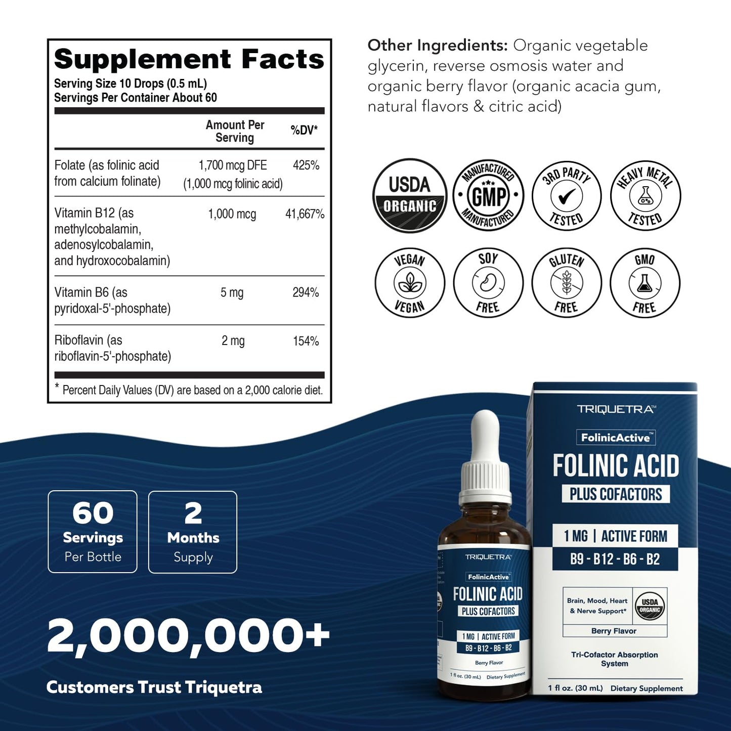 FolinicActive™ Organic Folinic Acid Liquid Drops for Brain, Heart, Nerve & Mood Support - 1700 mcg with B12, B6 & Riboflavin B2 - Tri-Cofactor Absorption System -Berry Flavor Drops, 1fl oz-60 Servings