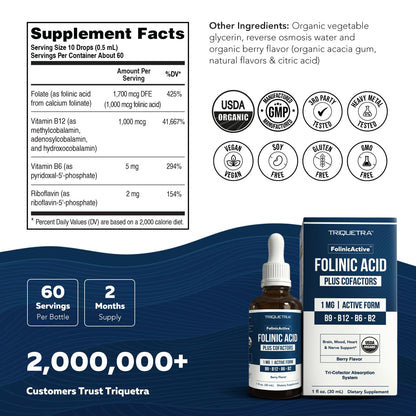 FolinicActive™ Organic Folinic Acid Liquid Drops for Brain, Heart, Nerve & Mood Support - 1700 mcg with B12, B6 & Riboflavin B2 - Tri-Cofactor Absorption System -Berry Flavor Drops, 1fl oz-60 Servings