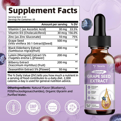 Totaria Grape Seed Extract Liquid Drops | High Potency 95% Polyphenols Antioxidant Supplement for Skin, Heart & Immune Support | Vegan, Gluten Free | Alcohol-Free & Non-GMO | 2FL