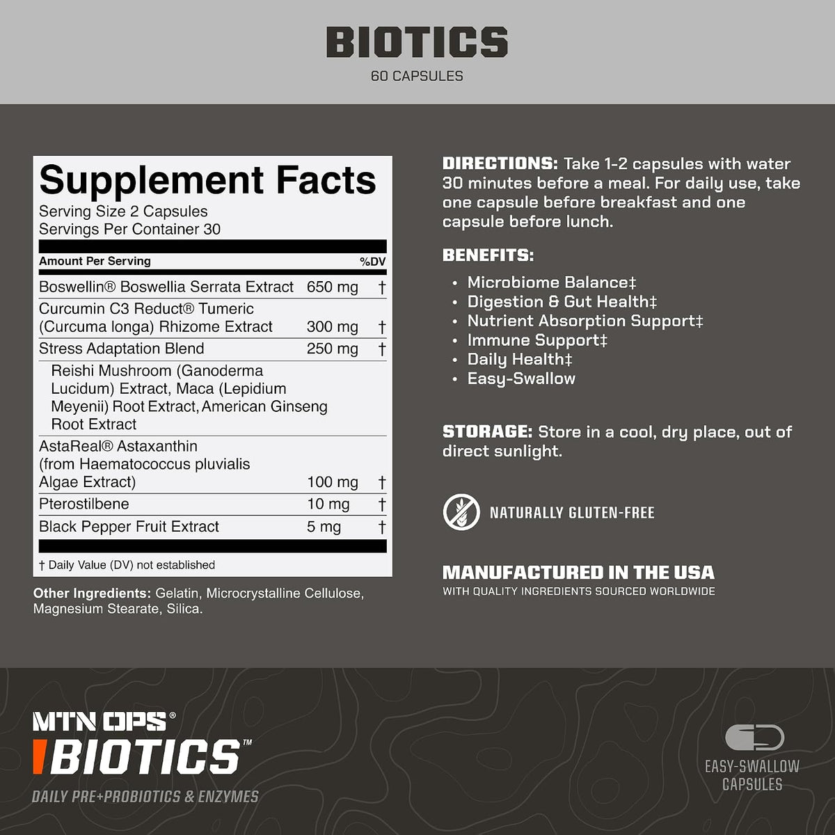 MTN OPS Biotics Daily Probiotic & Prebiotic for Gut Health, 60 Capsules