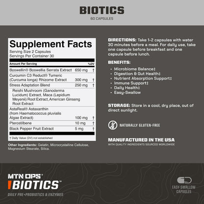 MTN OPS Biotics Daily Probiotic & Prebiotic for Gut Health, 60 Capsules