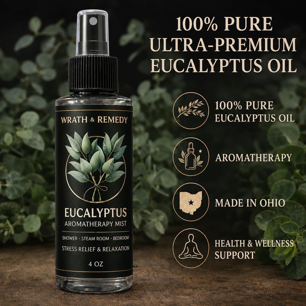 Eucalyptus Shower Spray Aromatherapy — USDA Organic (4 oz, 700+ Sprays) | 100% Pure Eucalyptus Essential Oil Spray Mist for Spa Shower, Steam, Sauna & Linen Bedsheet – Premium & Travel Size (US-Made)